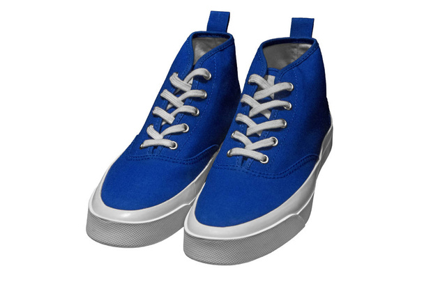 Par de elegantes novos gumshoes azuis isolados no fundo branco
 - Foto, Imagem