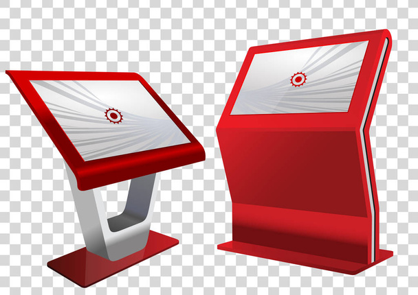 Kaksi punaista Promotional Interactive Information Kioskia, Mainosnäyttö, Terminal Stand, kosketusnäyttö. Mallintamismalli
. - Vektori, kuva