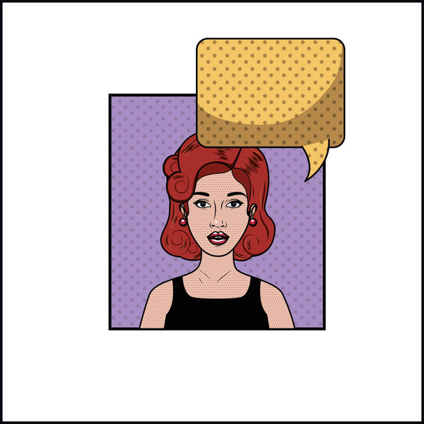 音声バブルのポップなアート スタイルと赤毛の女性 - ベクター画像