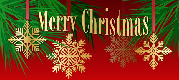 Grafische Komposition aus goldenem Urlaubsschneeflockenschmuck und stilisierten Weihnachtsbaumzweigen auf rotem Hintergrund mit der Botschaft Frohe Weihnachten zur möglichen Verwendung als Grußkarte oder Kopfzeile. - Foto, Bild