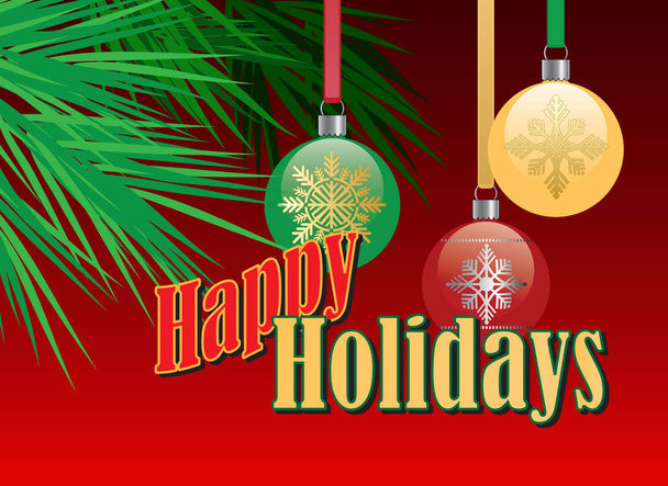 Grafische Komposition von Weihnachtsschmuck und stilisierten Christbaumzweigen auf rotem Hintergrund mit der Botschaft Frohe Feiertage zur möglichen Verwendung als Grußkarte oder Banner. - Foto, Bild