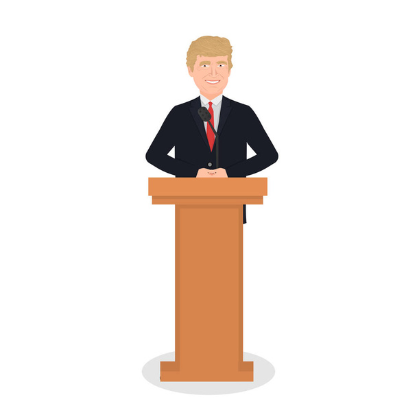 07 december, 2018. Donald Trump staat achter het podium, vectorillustratie op witte achtergrond - Vector, afbeelding