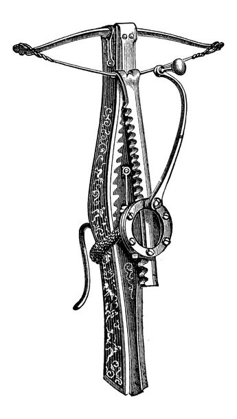 Cranequin, egyfajta Crossbow, vintage gravírozás - Vektor, kép