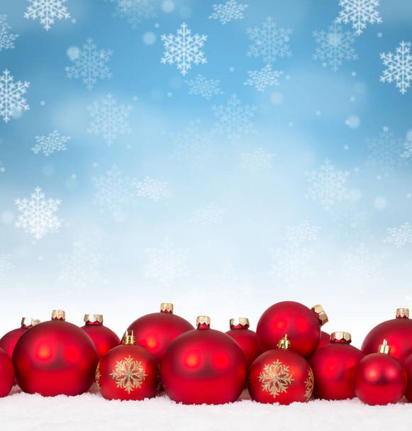 Many red Christmas balls baubles background decoration square snowflakes snow winter copyspace copy space - Photo, Image