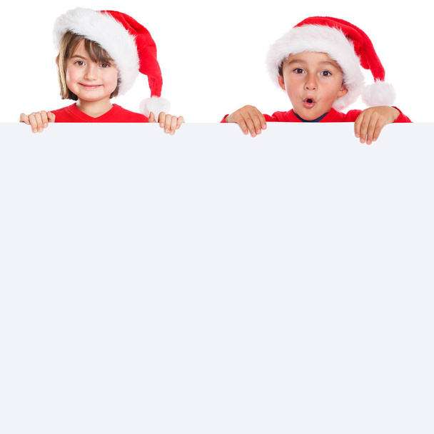 Children kids girl boy Christmas Santa Claus empty banner square copyspace isolated on a white background - Zdjęcie, obraz