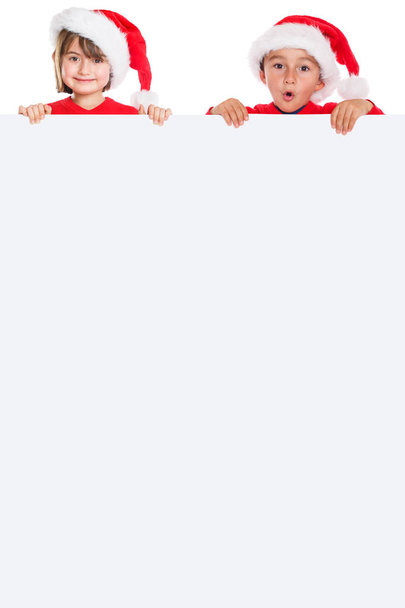 Children kids girl boy Christmas Santa Claus empty banner portrait format copyspace isolated on a white background - Photo, Image