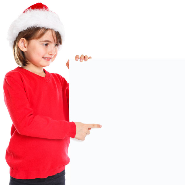Christmas Santa Claus child kid girl pointing looking empty banner square copyspace copy space - Photo, Image