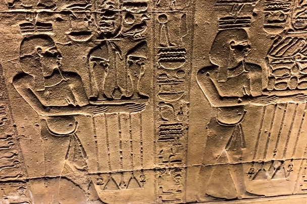 Egyptische hiërogliefen en tekeningen op de muren en kolommen. Egyptische taal, Het leven van oude goden en mensen in hiërogliefen en tekeningen - Foto, afbeelding