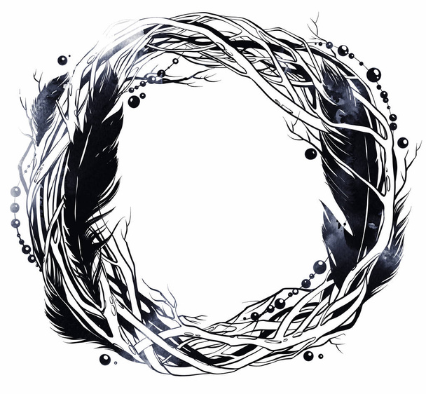 cuadro digital dibujado a mano con acuarela navidad corona boho de ramas y cuentas con plumas
 - Foto, Imagen