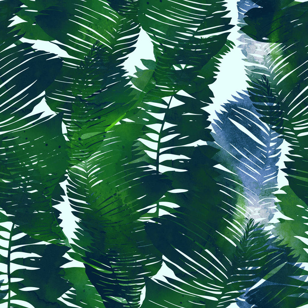 imprints abstract tropical leaves mix repeat seamless pattern. digital hand drawn picture with watercolour - Fotó, kép