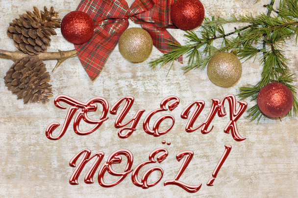 Christmas postcard frame with wood background. For greeting card. Red, golden and white. Xmas wallpaper. "joyeux noel" - Photo, Image
