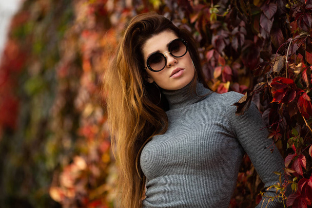 Portrait of long-haired woman in sunglasses on background of autumn red ivy - Foto, Imagem