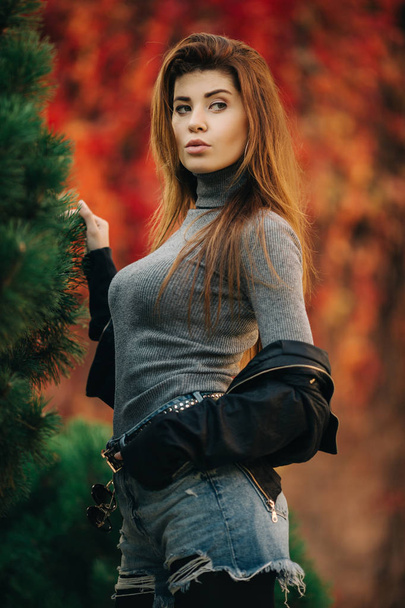 Photo of young brunette in autumn park - Fotoğraf, Görsel