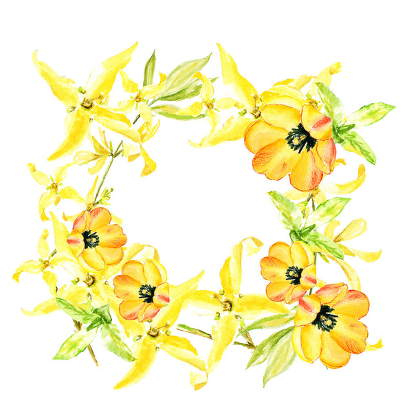 De kroon van Pasen met gele forsythia en gele tulpen. Vierkante grens. Aquarel illustratie op witte achtergrond. - Foto, afbeelding