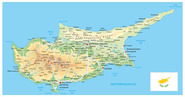 キプロスの物理的な地図。キプロスの救済ベクトル マップの詳細. - ベクター画像