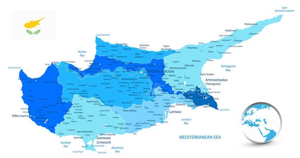 Chipre Mapa político em cores de azul. Detalhe mapa vetorial administrativo de Chipre
. - Vetor, Imagem