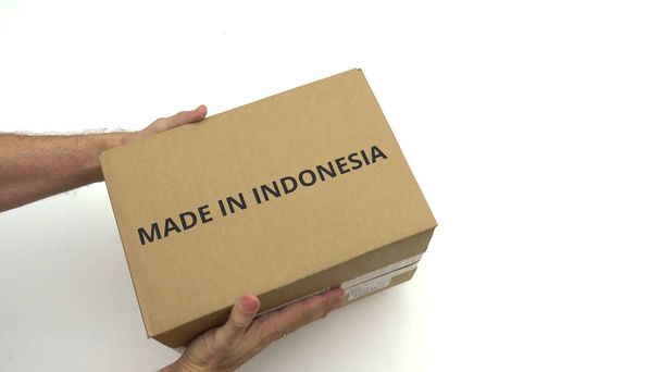 Courier delivers carton with MADE IN INDONESIA text on it - Φωτογραφία, εικόνα