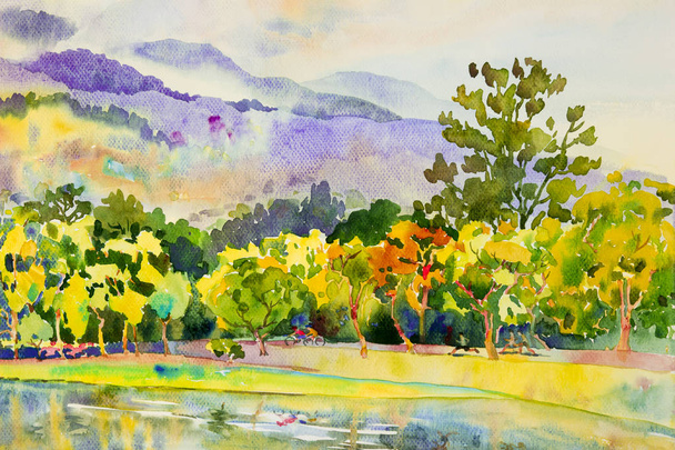 水彩風景オリジナル自然秋シーズンと感情空雲背景と公共の公園でジョギングに乗る自転車で家族フィットネスのカラフルな絵画します。印象派の図を描いた - 写真・画像