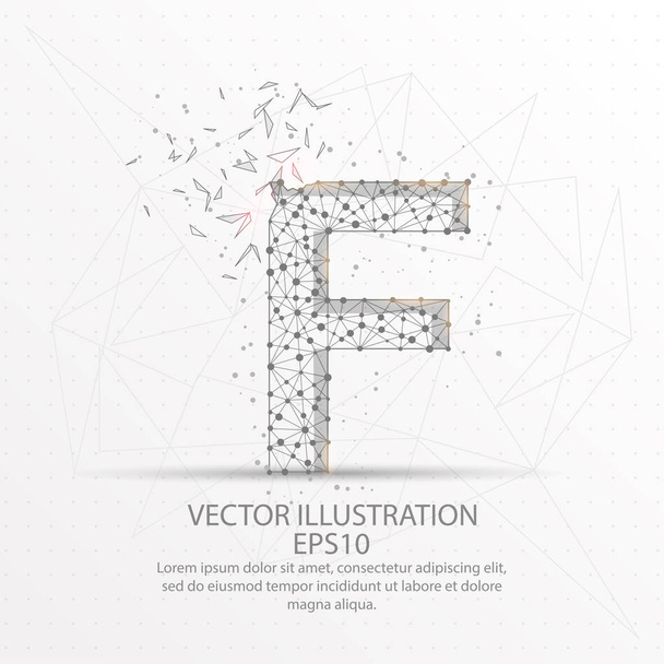 Letter F form mesh line and composition digitally drawn in the form of broken a part triangle shape and scattered dots low poly wire frame. - Вектор, зображення