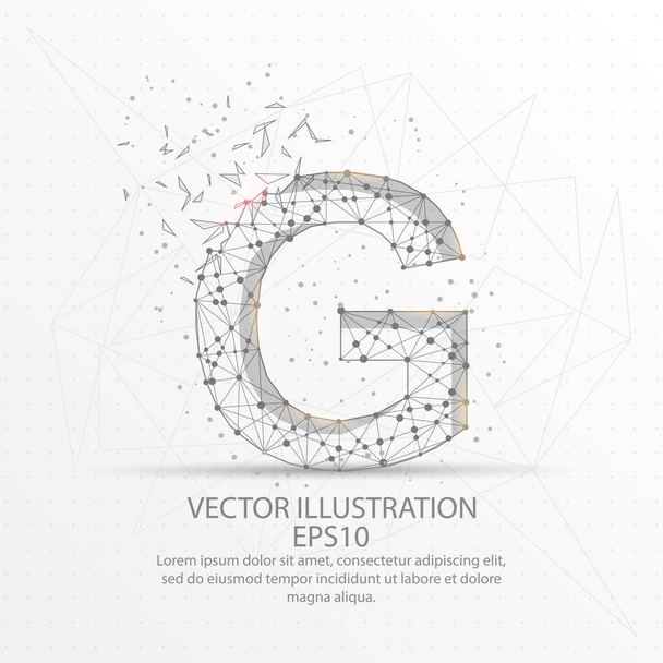 Letter G form mesh line and composition digitally drawn in the form of broken a part triangle shape and scattered dots low poly wire frame. - Vektori, kuva