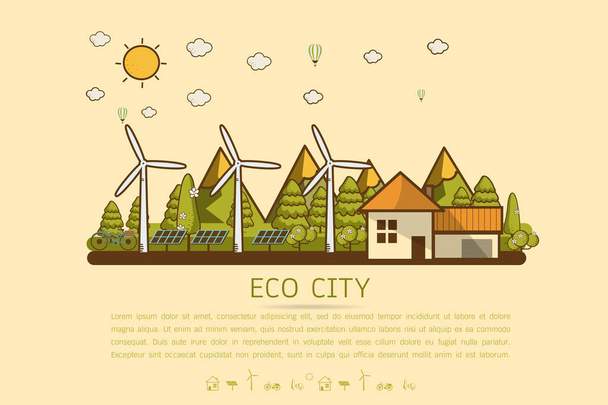 Vektorové ilustrace Eco domů s větrnou turbínu, kola, solární článek, house a stromy. Ukládání na pozadí pro den země. Životního prostředí, ekologie, koncept ochrany a znečišťování přírody. - Vektor, obrázek