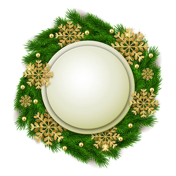 Banner adornado de Navidad redondo en blanco con copos de nieve, oro brillante, plantilla de fondo, ilustración vectorial
 - Vector, imagen