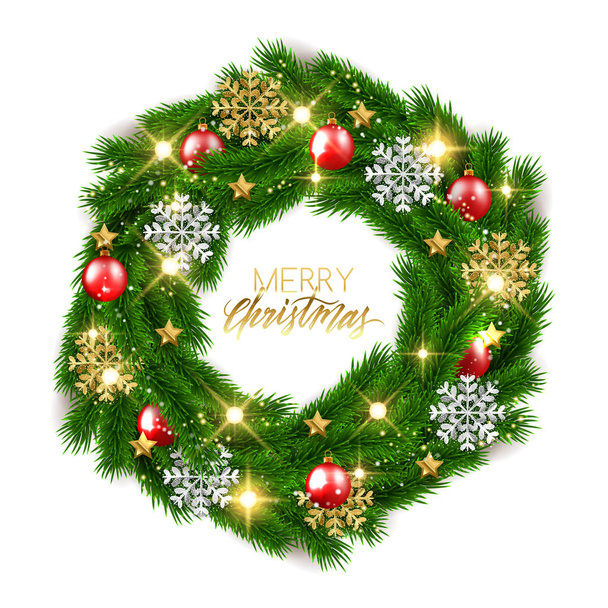 Merry Christmas fir tree branches decorative wreath with shiny baubles, vector illustration - Vector, Image