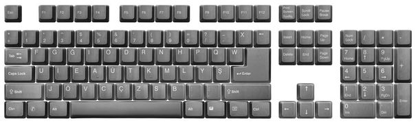 Türkische Tastatur, f-Layout. Ansicht der Tasten von oben, von einer schwarzen klassischen Desktop-Tastatur, isoliert auf weiß. vollständiges Alphabet und Zahlen. hochauflösendes Bild. Schneidpfad inklusive. - Foto, Bild