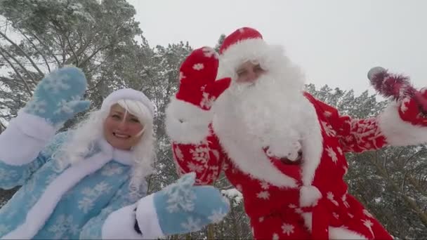 Weihnachtsmann und Enkelin winken im Wald in die Kamera. Zeitlupenvideo - Filmmaterial, Video