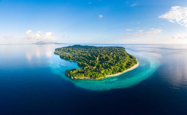 Havadan görünümü tropikal plaj Adası resif Karayip Denizi. Endonezya Moluccas adalar, Banda Adaları, Pulau Ay. En sevilen seyahat turizm, şnorkel dalış en iyi. - Fotoğraf, Görsel