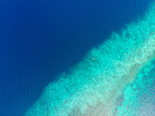 Aerial top down view coral reef tropical caribbean sea, turquoise blue water. Indonesia Moluccas archipelago, Kei Islands, Banda Sea. Top travel destination, best diving snorkeling. - Foto, Imagen