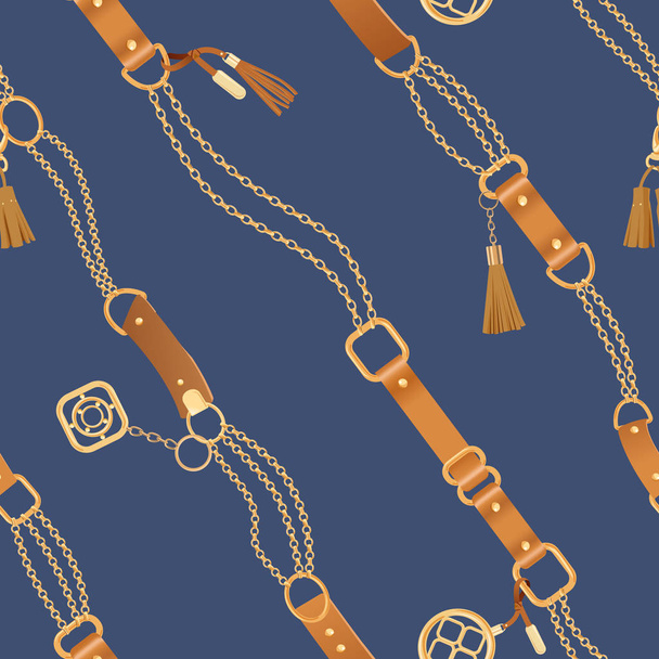 Fashion Seamless Pattern with Golden Chains and Straps. Chain, Braid and jewelry elements Background for Fabric Design, Textile, Wallpaper. Vector illustration - Vektör, Görsel