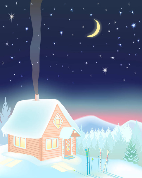 Μικρό χιονοδρομικό σπίτι τη νύχτα στα βουνά. - Διάνυσμα, εικόνα