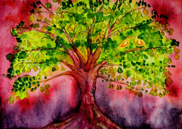 Psychedelische perenboom met duiven en rode achtergrond. De deppen techniek in de buurt van de randen geeft een zachte focus effect als gevolg van de veranderde oppervlakteruwheid van het papier - Foto, afbeelding