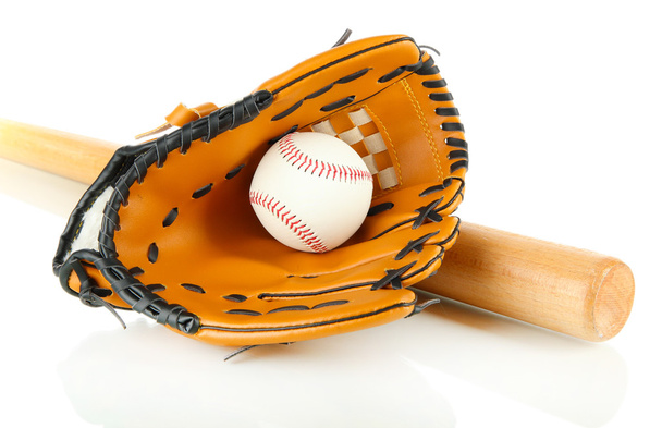 Baseball glove, bat and ball isolated on white - Zdjęcie, obraz