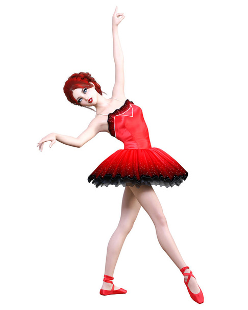 Dancing ballerina.Red ballet tutu.Redhead girl with blue eyes.Ballet dancer.Studio photography.High key.Conceptual fashion art.3D render realistic illustration.White background. - Photo, Image
