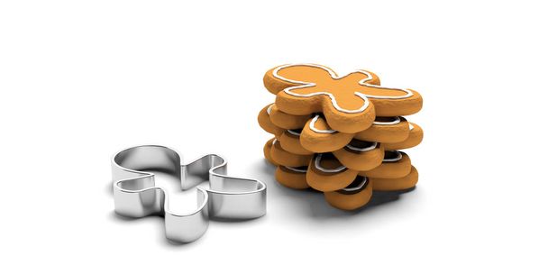 Christmas preparation, gingerbread cookies. Stack of man shaped gingerbread cookies and a cutter, isolated, against white background. 3d illustration - Photo, Image