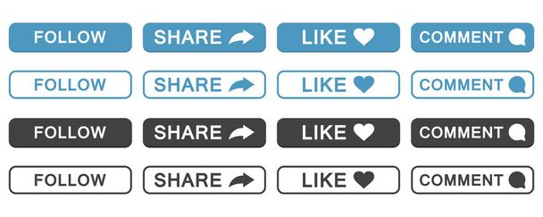 Set von follow, share, like, comment button icon in flachem Design - Vektor, Bild