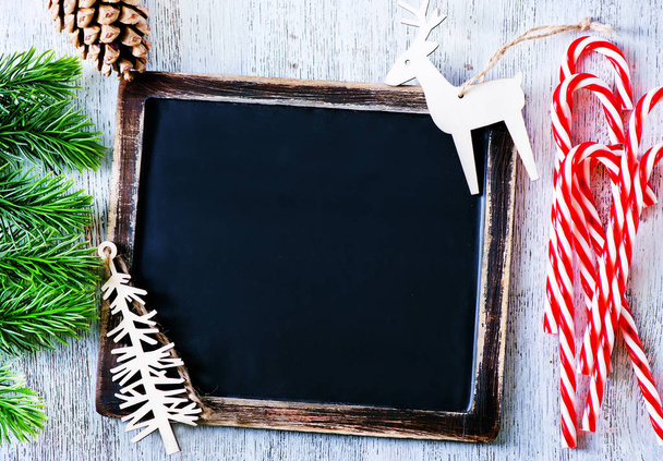 Christmas background, Christmas decoration and black board for note - Foto, Bild