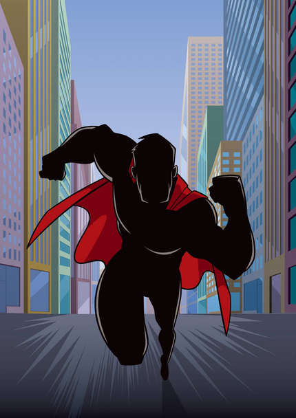 Superhero Running in City Silhouette - Vector, Image