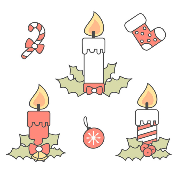mignon dessin animé vecteur bougies de Noël et autres éléments de vacances isolé sur fond blanc
 - Vecteur, image