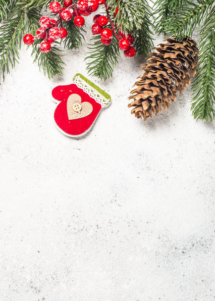 Christmas flatlay with fir tree and decorations on white  backgr - Zdjęcie, obraz