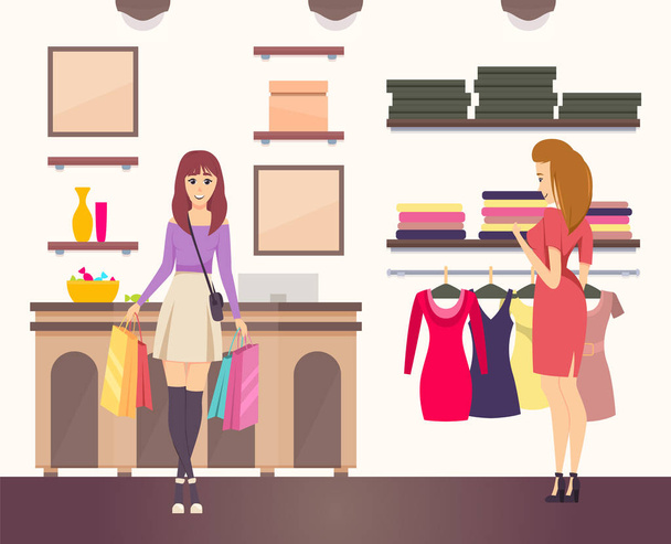 Shopping Woman with Purchases in Paper Bags Vector - Vetor, Imagem