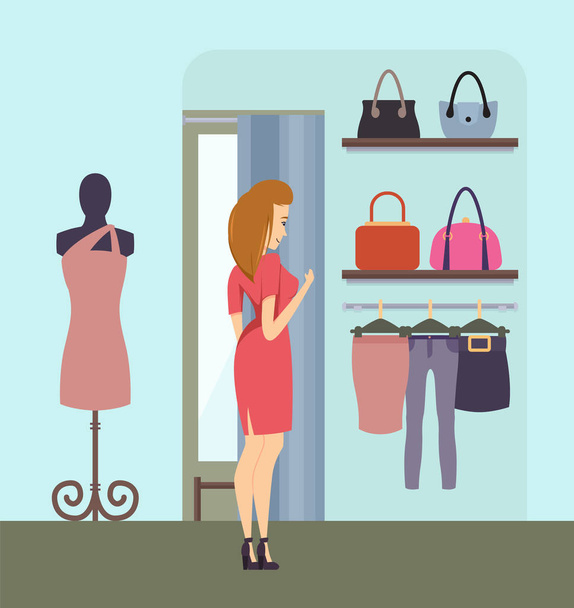 Shopping Woman Choosing Handbag in Store Vector - Vetor, Imagem