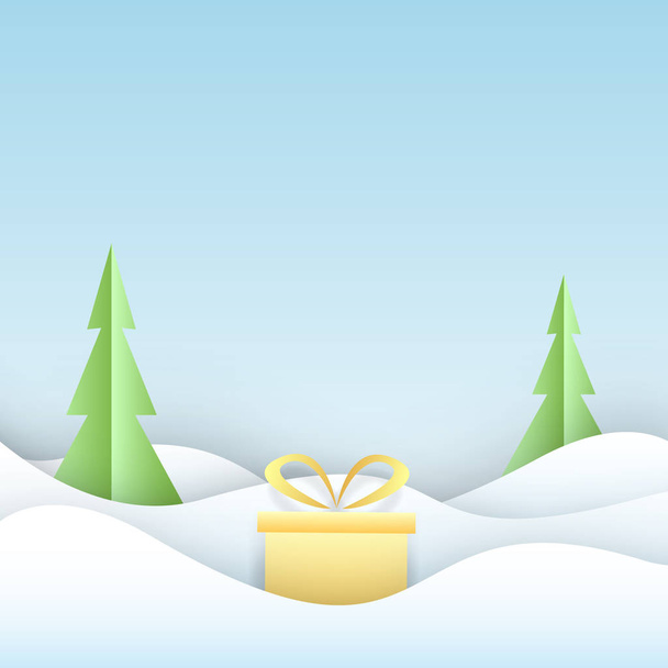 Абстрактний зимовий ліс і подарункова коробка на снігопадах. Квадратна картка з 3D папером вирізає форми з тінями. Шаблон з різьбленим мистецтвом на свята. Макет векторного дизайну
. - Вектор, зображення