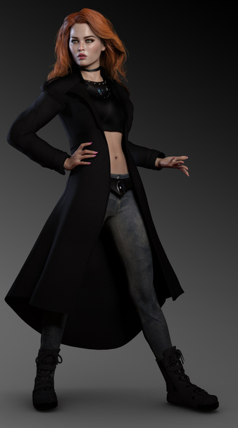 Krásné městské Fantasy žena s rudými vlasy v dlouhý černý kožený kabát - Fotografie, Obrázek