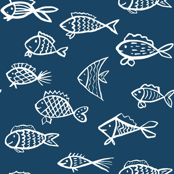 Blue and white vector pattern with hand drawn fishes. Creative ornament for covers, backgrounds, textile and interior decoration - Vetor, Imagem