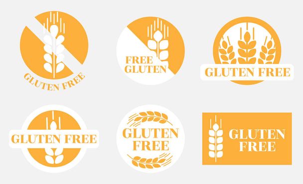 un conjunto de marcas con imágenes e información sobre la falta de gluten en los productos
. - Vector, imagen