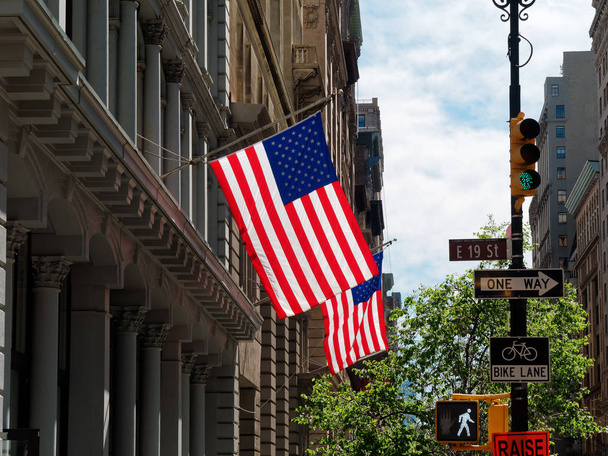 american flag and city - Foto, Imagen