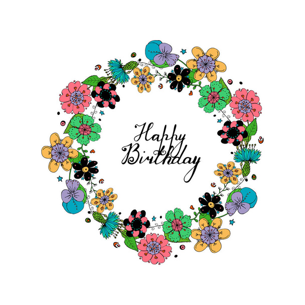round floral wreath isolated on white background, happy birthday hand lettering - Вектор, зображення